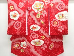 絞り 雲に鞠・草花模様刺繍子供着物（長襦袢・内袖付き）
